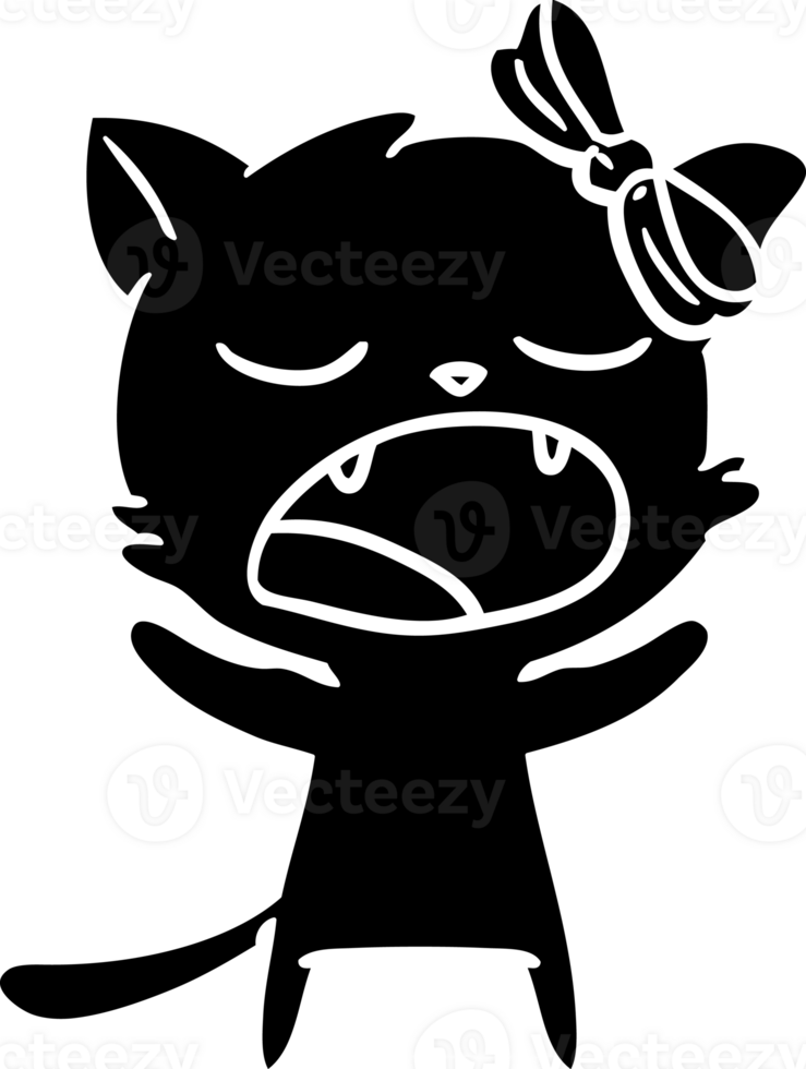 cartoon yawning cat solid black icon png