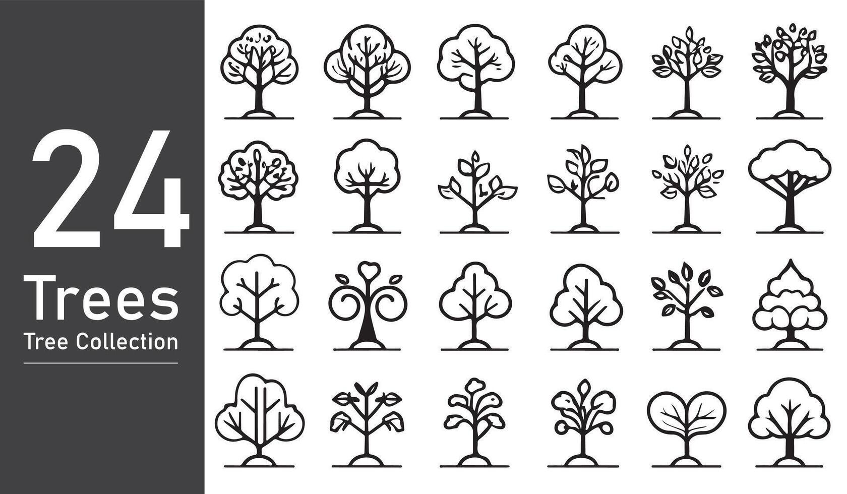 silhouette tree line drawing set, Side view, set of graphics trees elements outline symbol. silhouette tree line drawing set, Side view, icon set of graphics trees elements outline symbol. vector