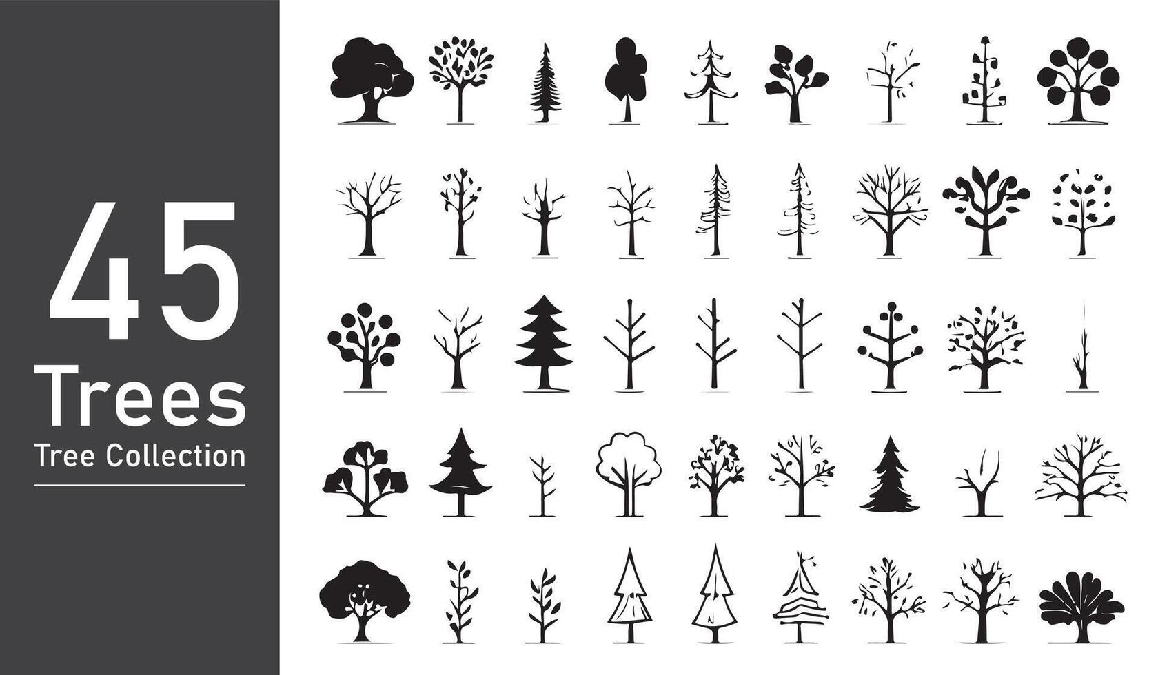 silhouette tree line drawing set, Side view, set of graphics trees elements outline symbol. silhouette tree line drawing set, Side view, icon set of graphics trees elements outline symbol. vector