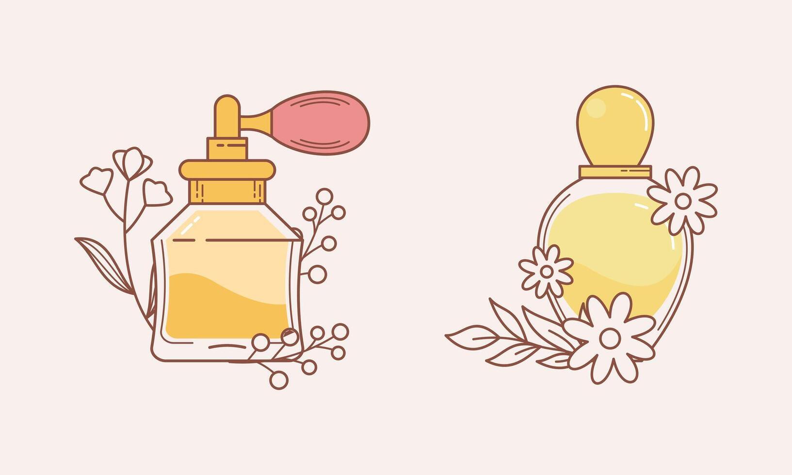 Set of different perfume bottles with ingredients vector