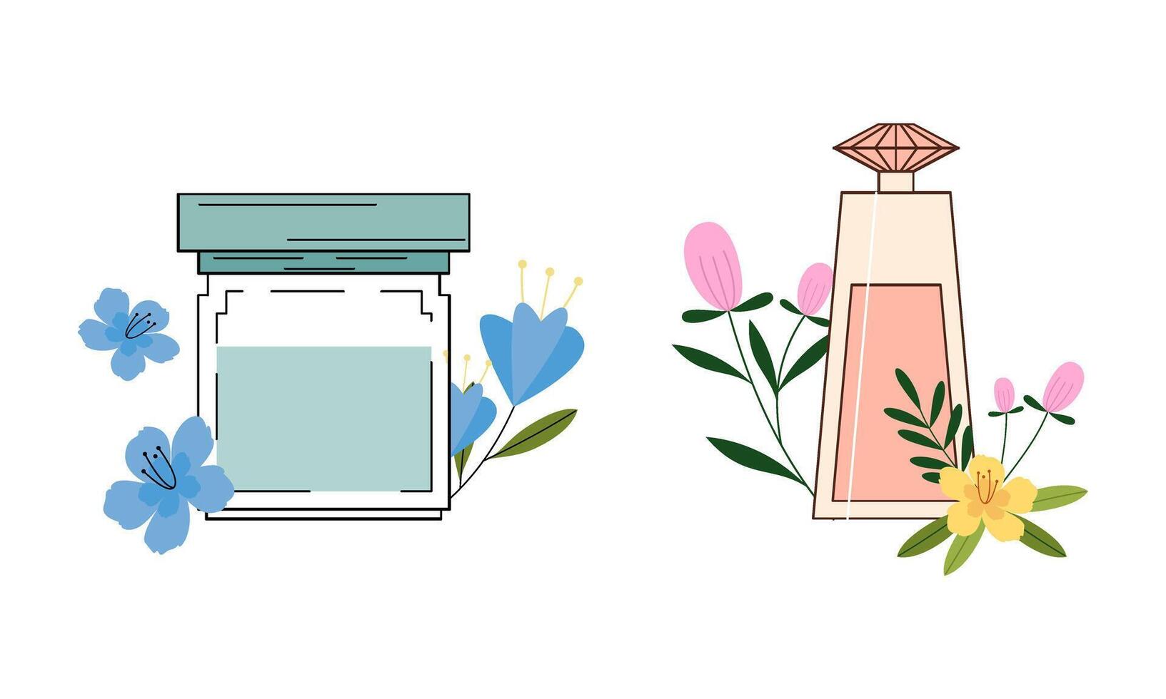 Set of different perfume bottles with ingredients vector