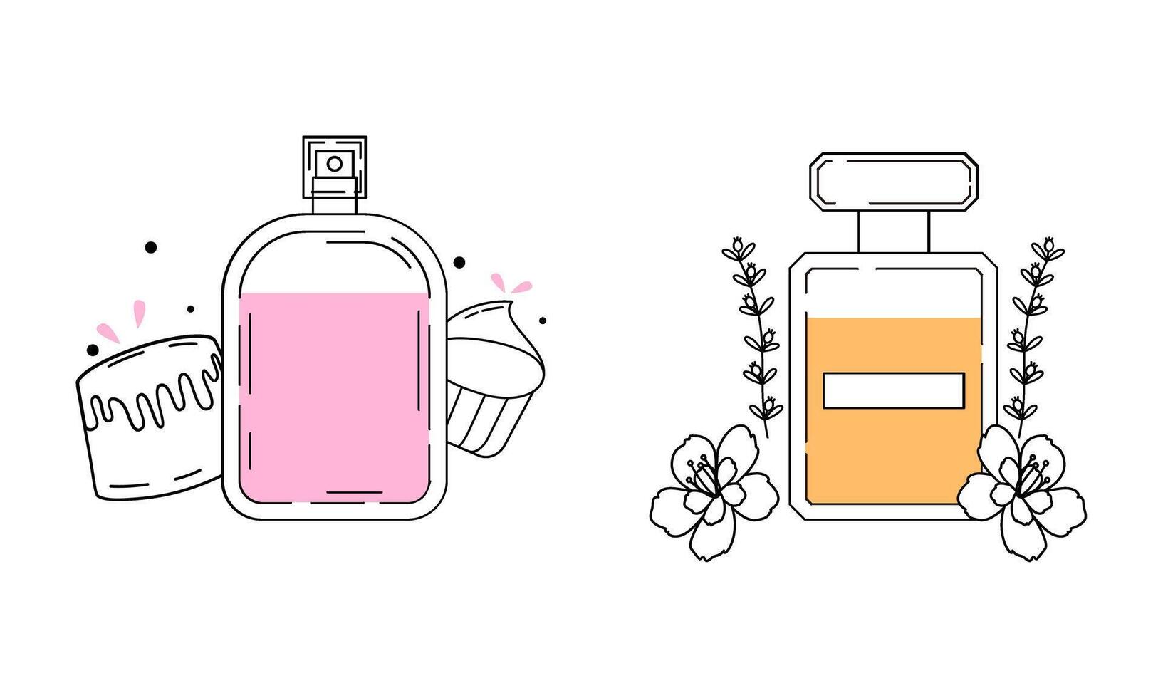 conjunto de diferente perfume botellas con ingredientes vector