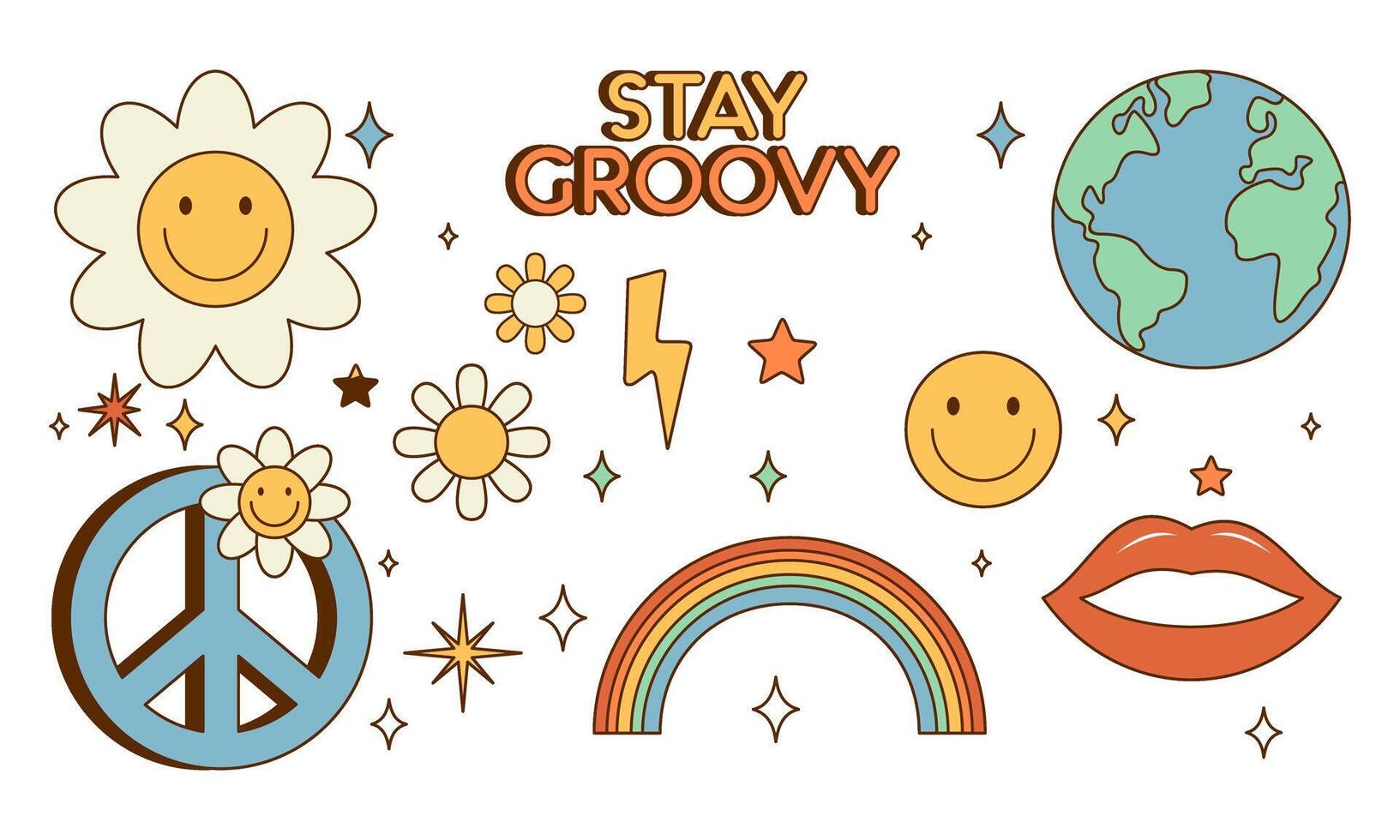 Sticker pack groovy hippie 70s set. Trendy retro psychedelic cartoon style vector