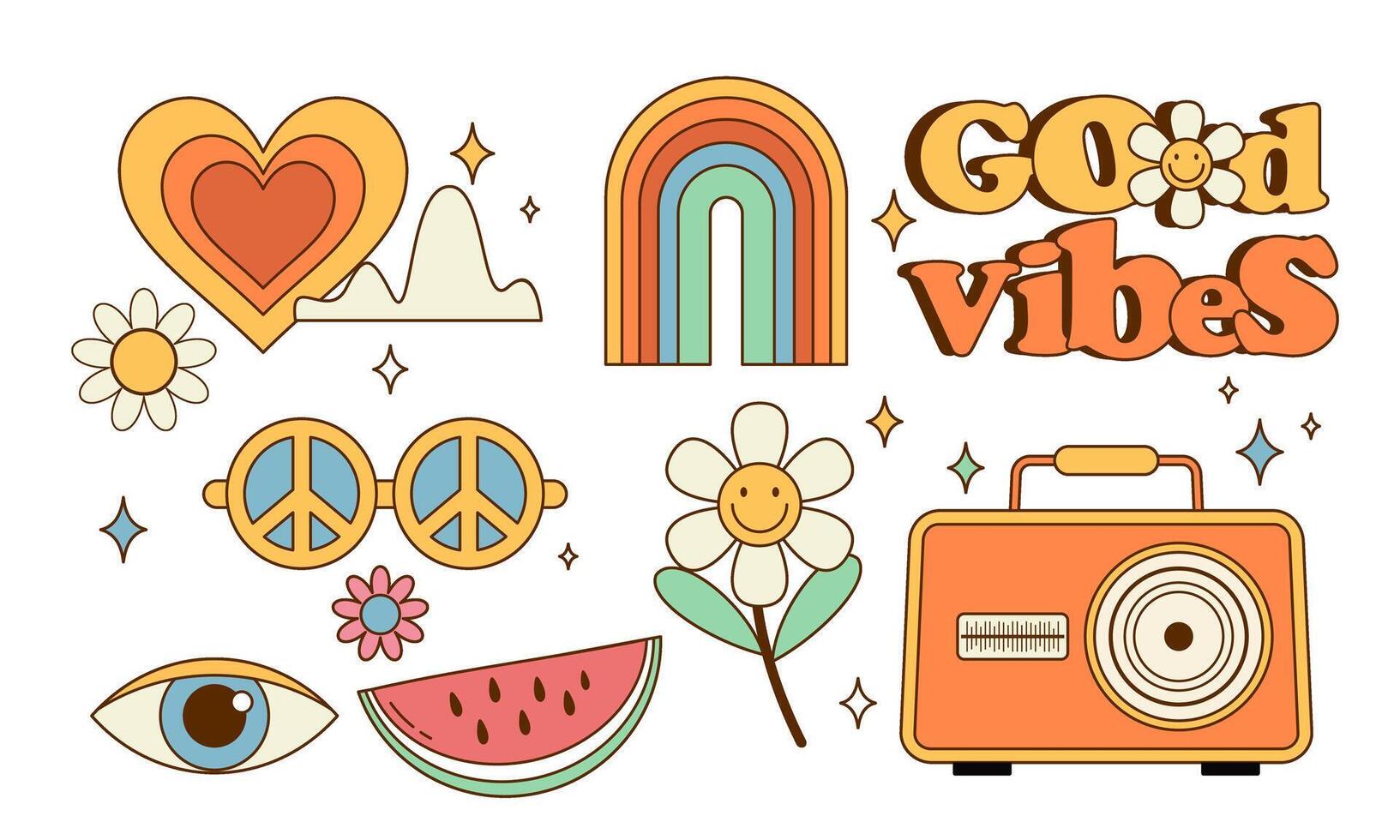 Sticker pack groovy hippie 70s set. Trendy retro psychedelic cartoon style vector