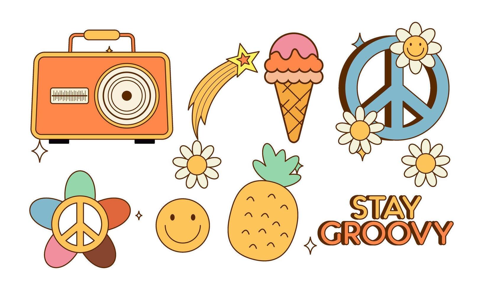 Sticker pack groovy hippie 70s set. Trendy retro psychedelic cartoon style vector