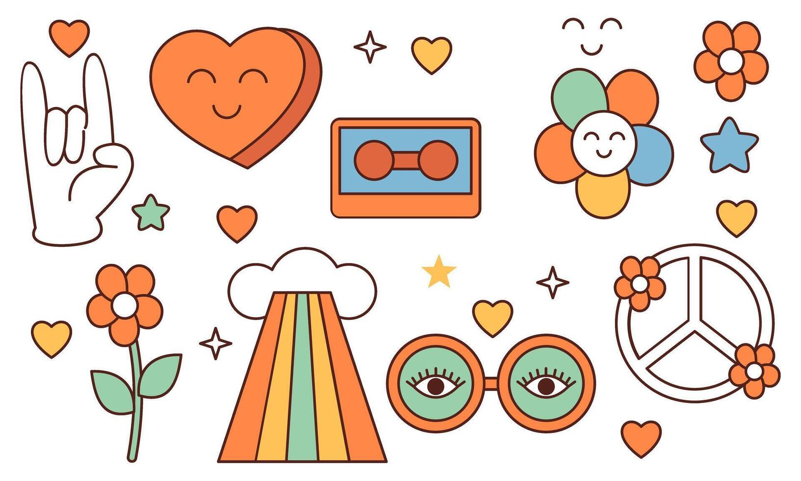 Sticker pack groovy hippie 70s set. Trendy retro psychedelic cartoon style vector