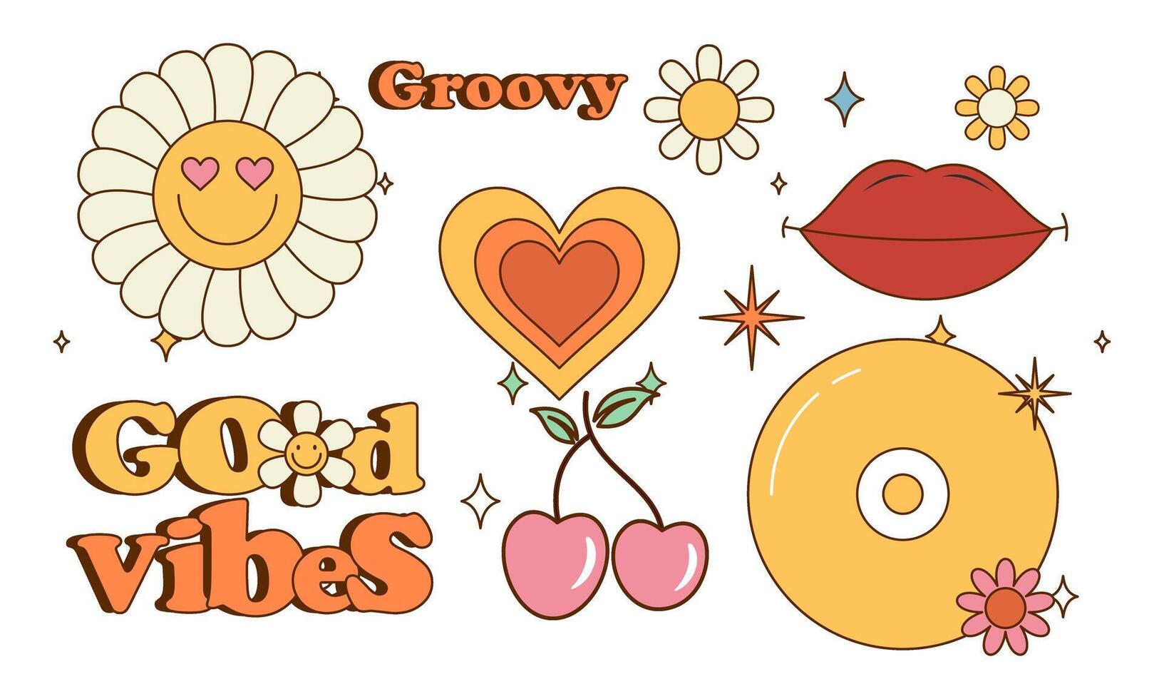 pegatina paquete maravilloso hippie 70s colocar. de moda retro psicodélico dibujos animados estilo vector