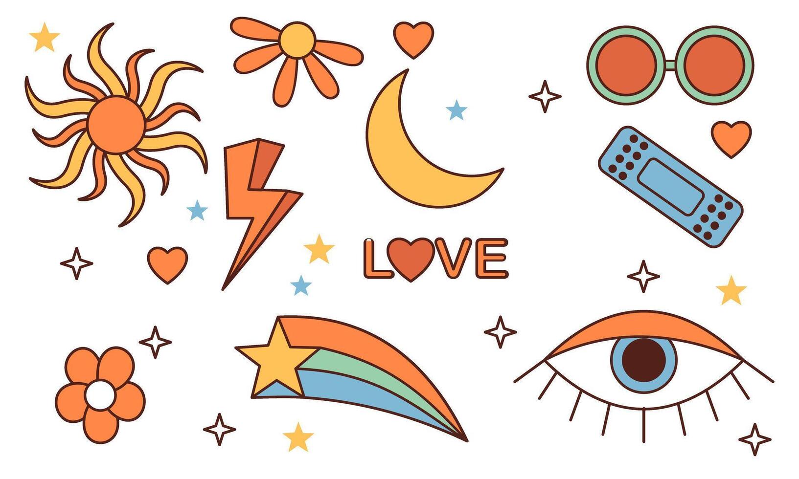 Sticker pack groovy hippie 70s set. Trendy retro psychedelic cartoon style vector