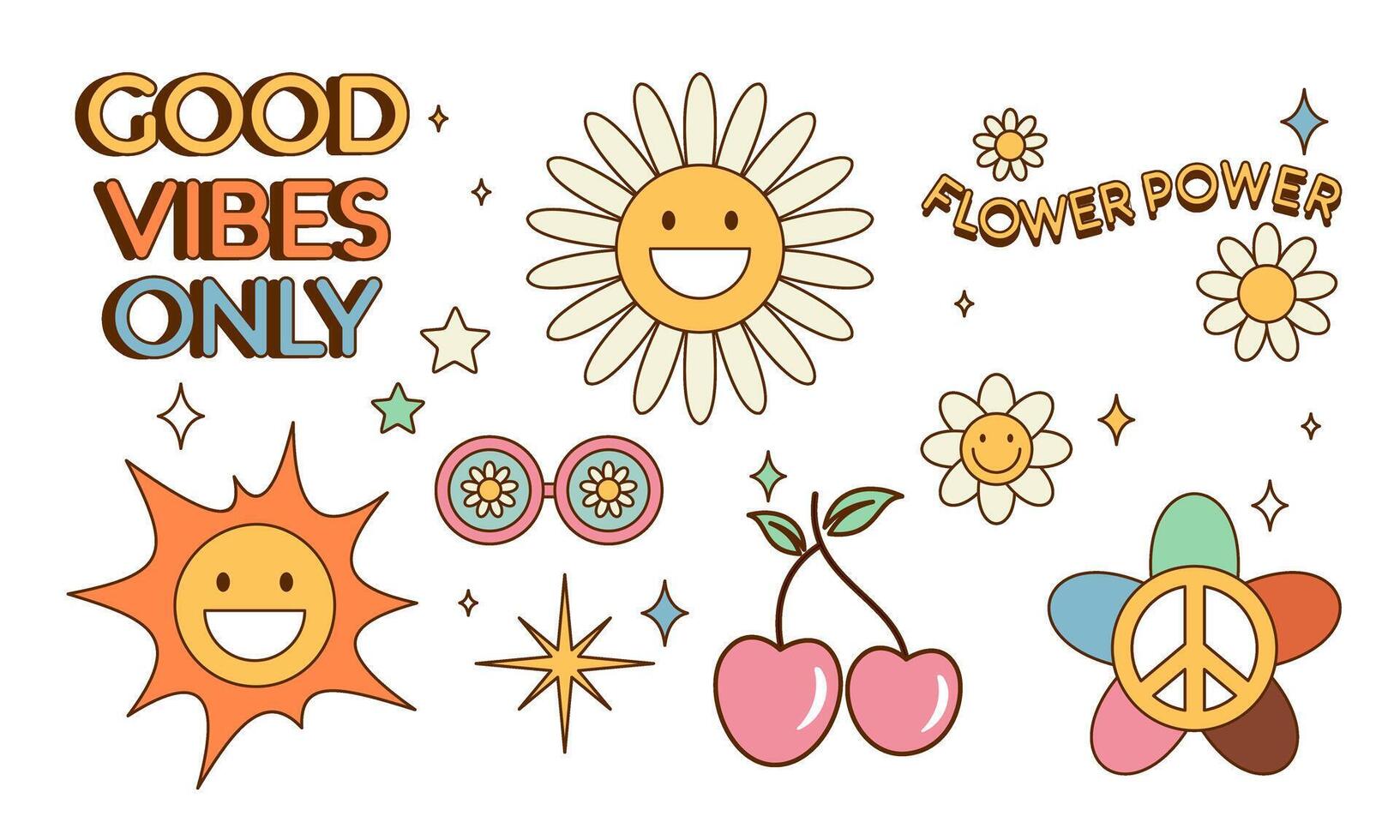 Sticker pack groovy hippie 70s set. Trendy retro psychedelic cartoon style vector