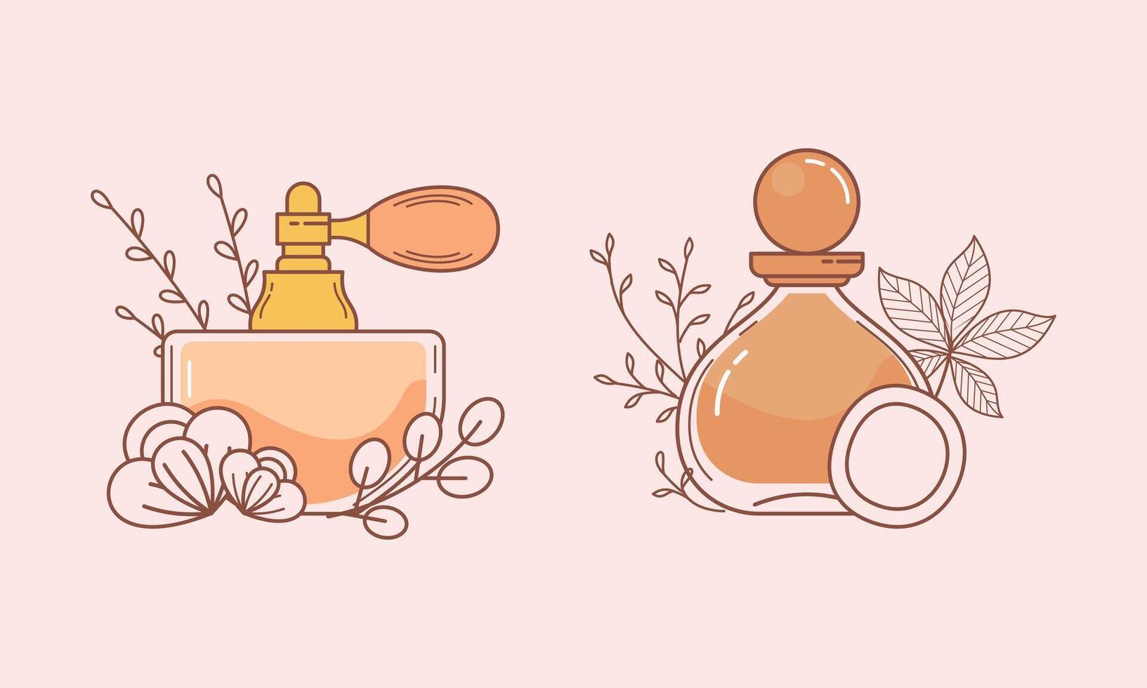 Set of different perfume bottles with ingredients vector
