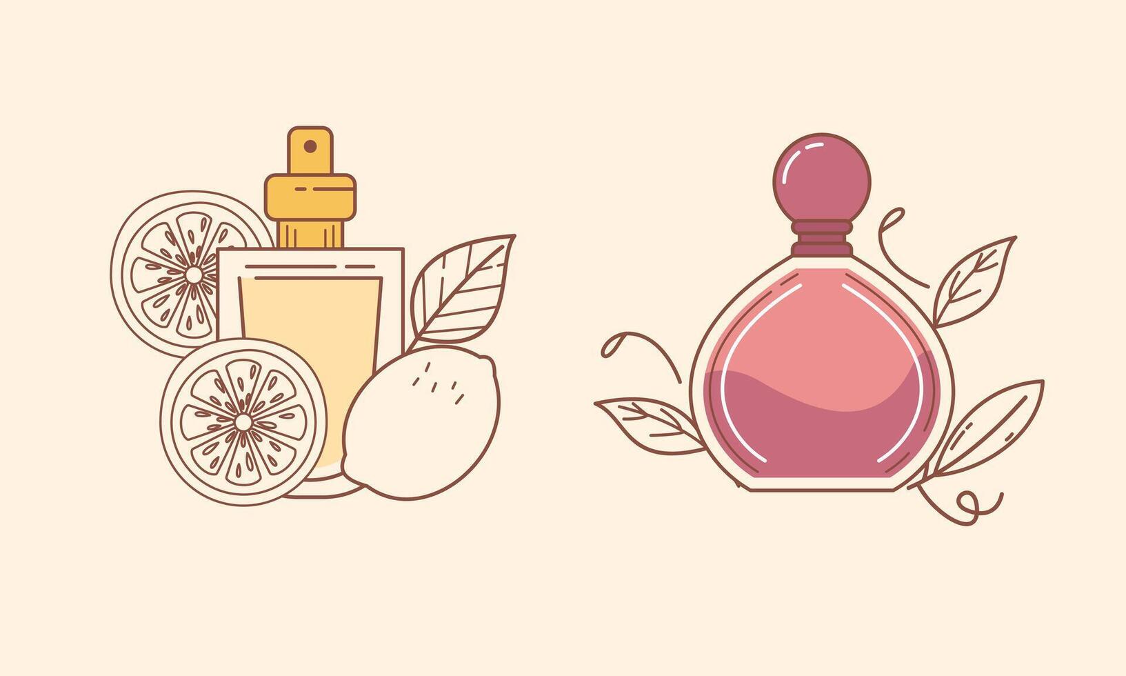 conjunto de diferente perfume botellas con ingredientes vector