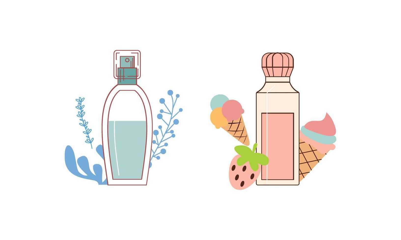 conjunto de diferente perfume botellas con ingredientes vector