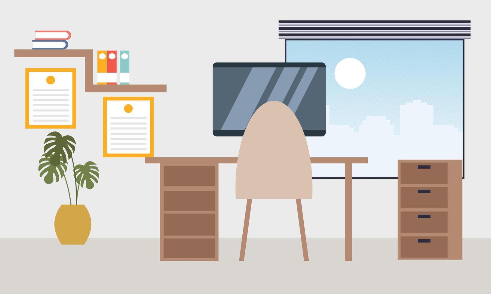 Workplace in sunny room. Stylish and modern interior vector
