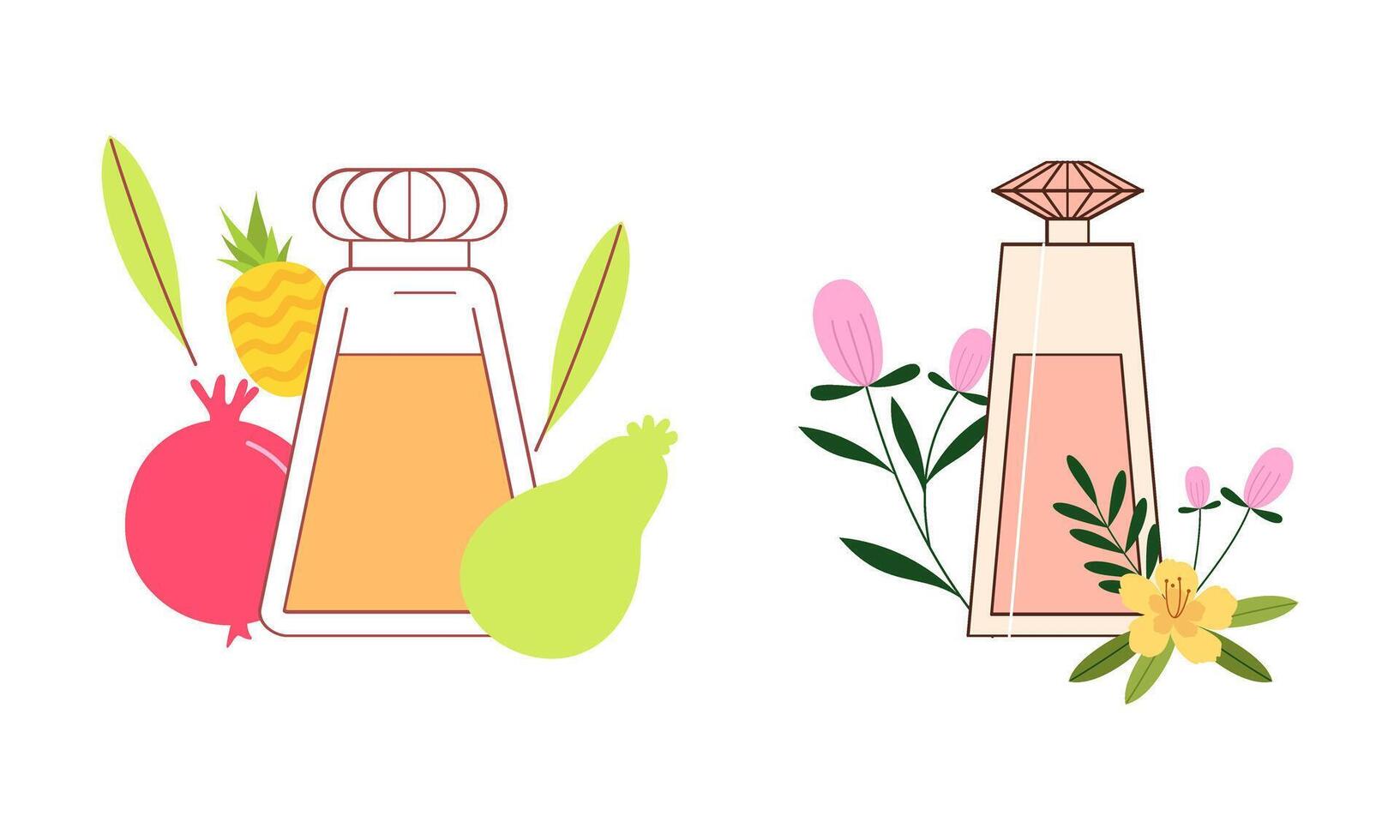 conjunto de diferente perfume botellas con ingredientes vector