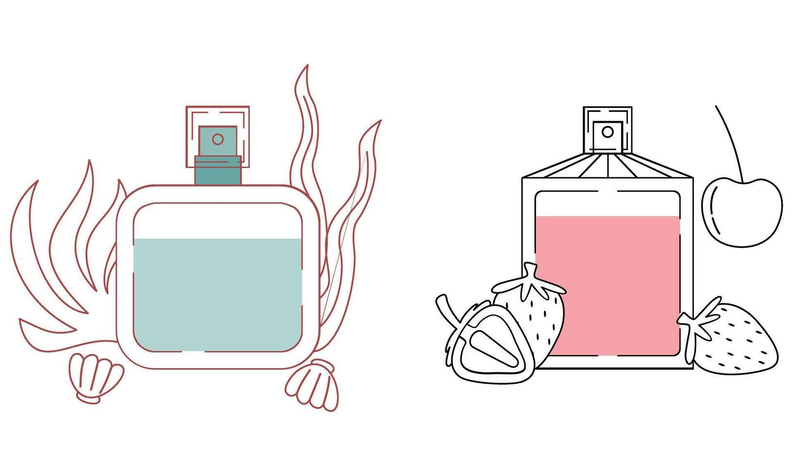 Set of different perfume bottles with ingredients vector