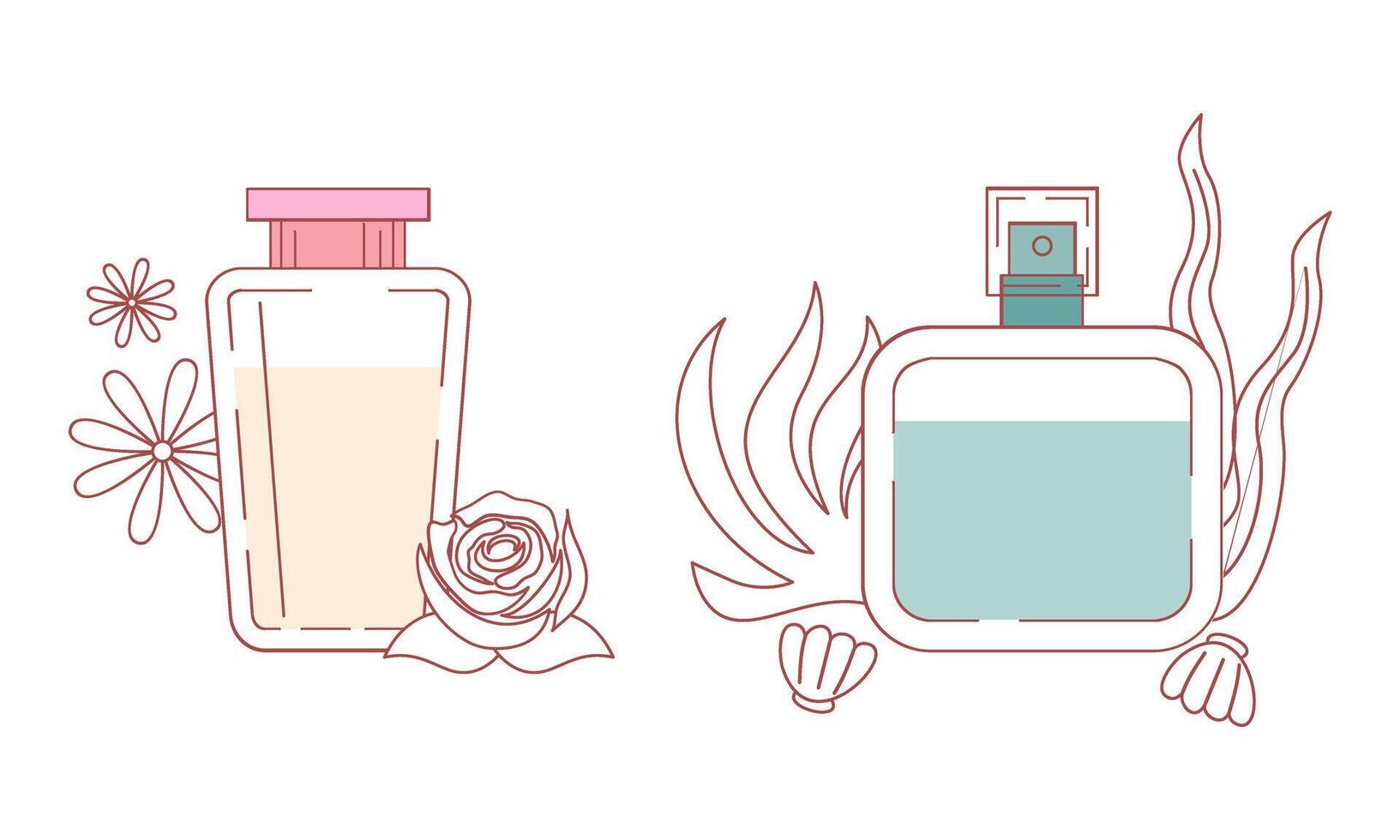 Set of different perfume bottles with ingredients vector