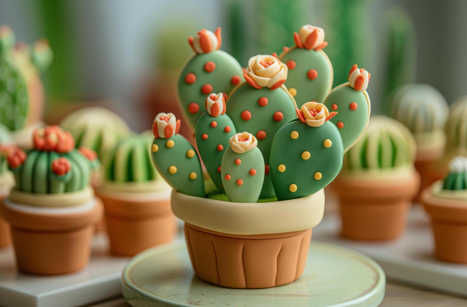 AI generated Fondant cactus cake design photo