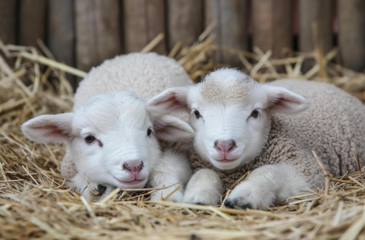 AI generated Newborn lambs on straw photo