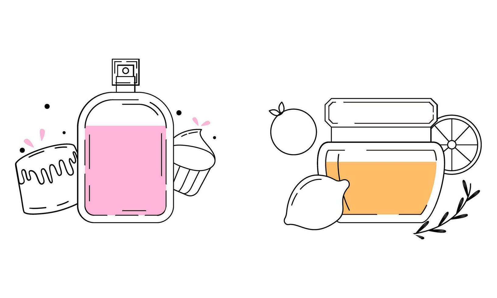 Set of different perfume bottles with ingredients vector