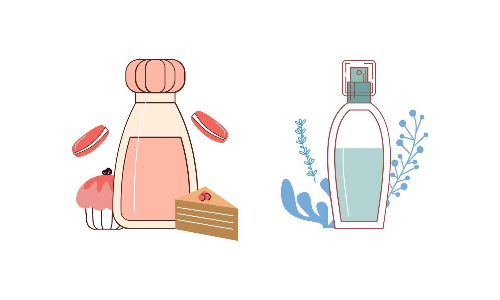 Set of different perfume bottles with ingredients vector