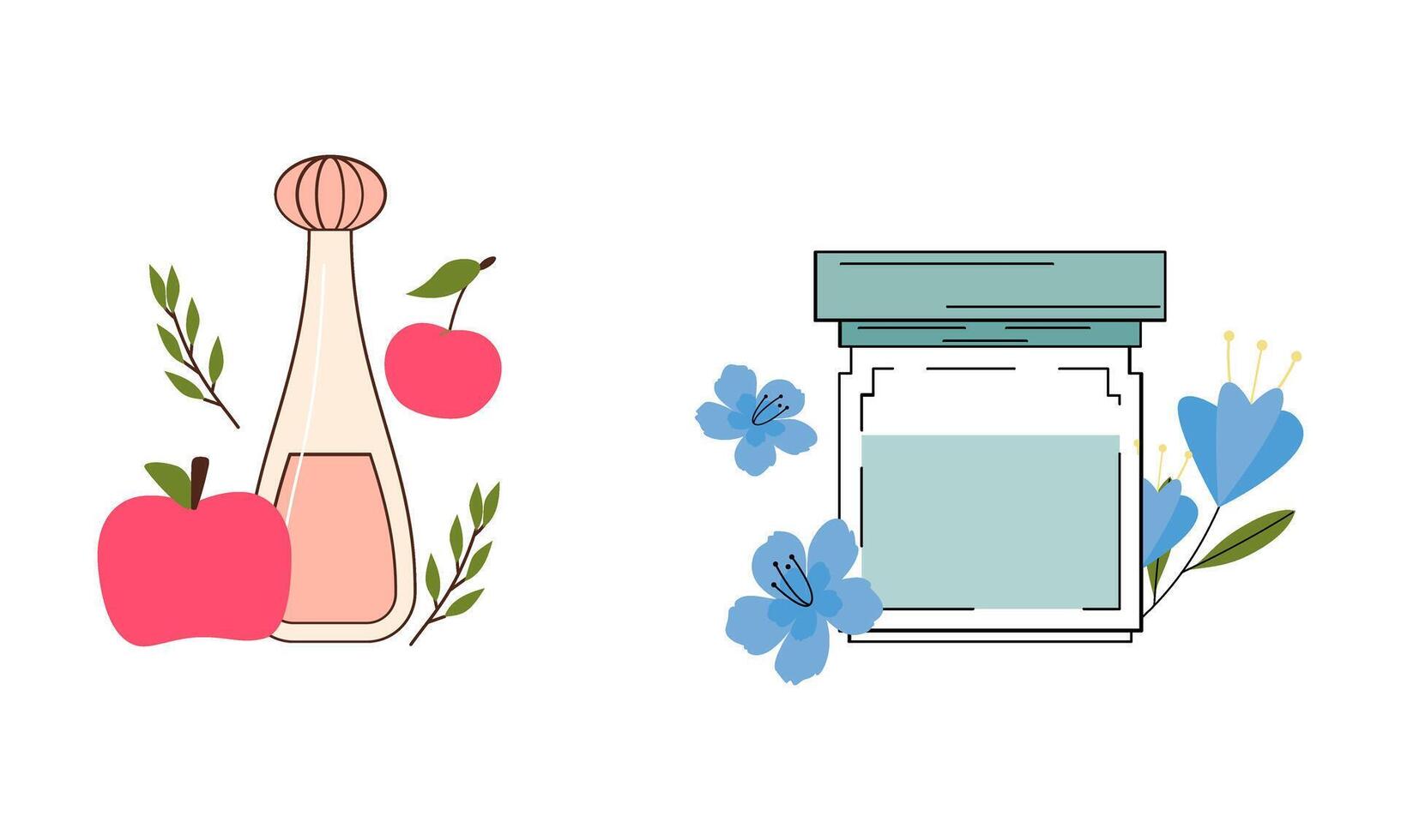 conjunto de diferente perfume botellas con ingredientes vector