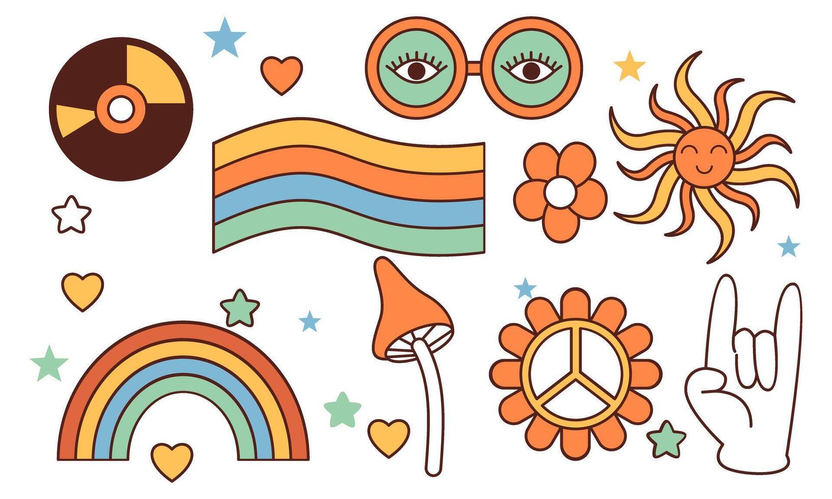 Sticker pack groovy hippie 70s set. Trendy retro psychedelic cartoon style vector