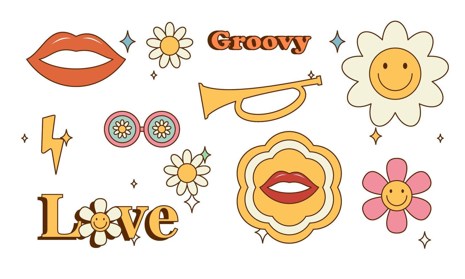 Sticker pack groovy hippie 70s set. Trendy retro psychedelic cartoon style vector