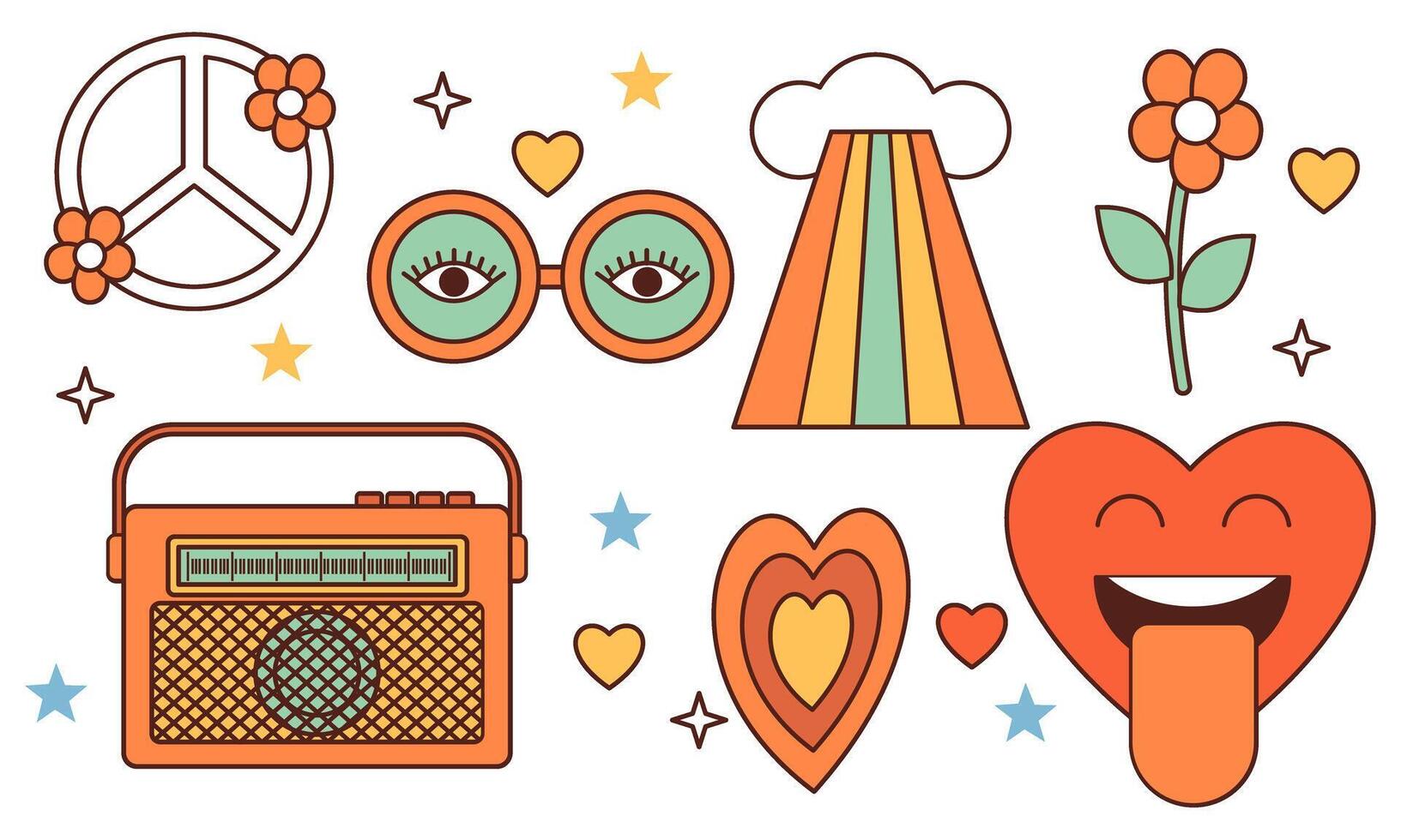 Sticker pack groovy hippie 70s set. Trendy retro psychedelic cartoon style vector
