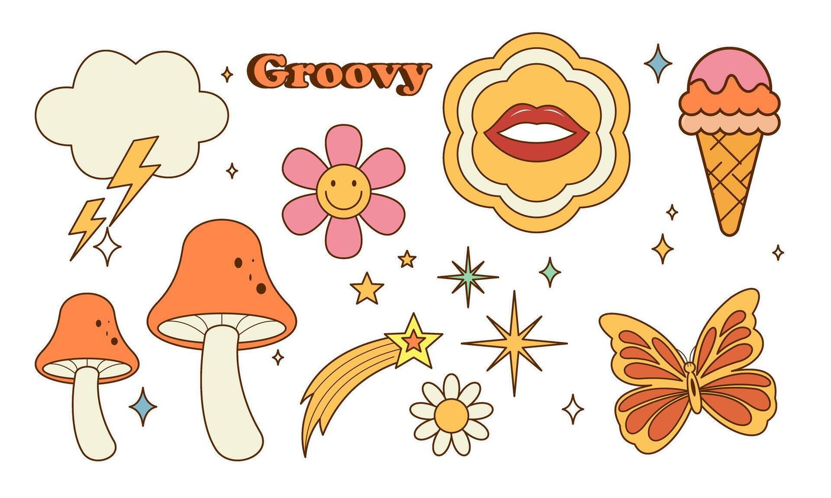 Sticker pack groovy hippie 70s set. Trendy retro psychedelic cartoon style vector