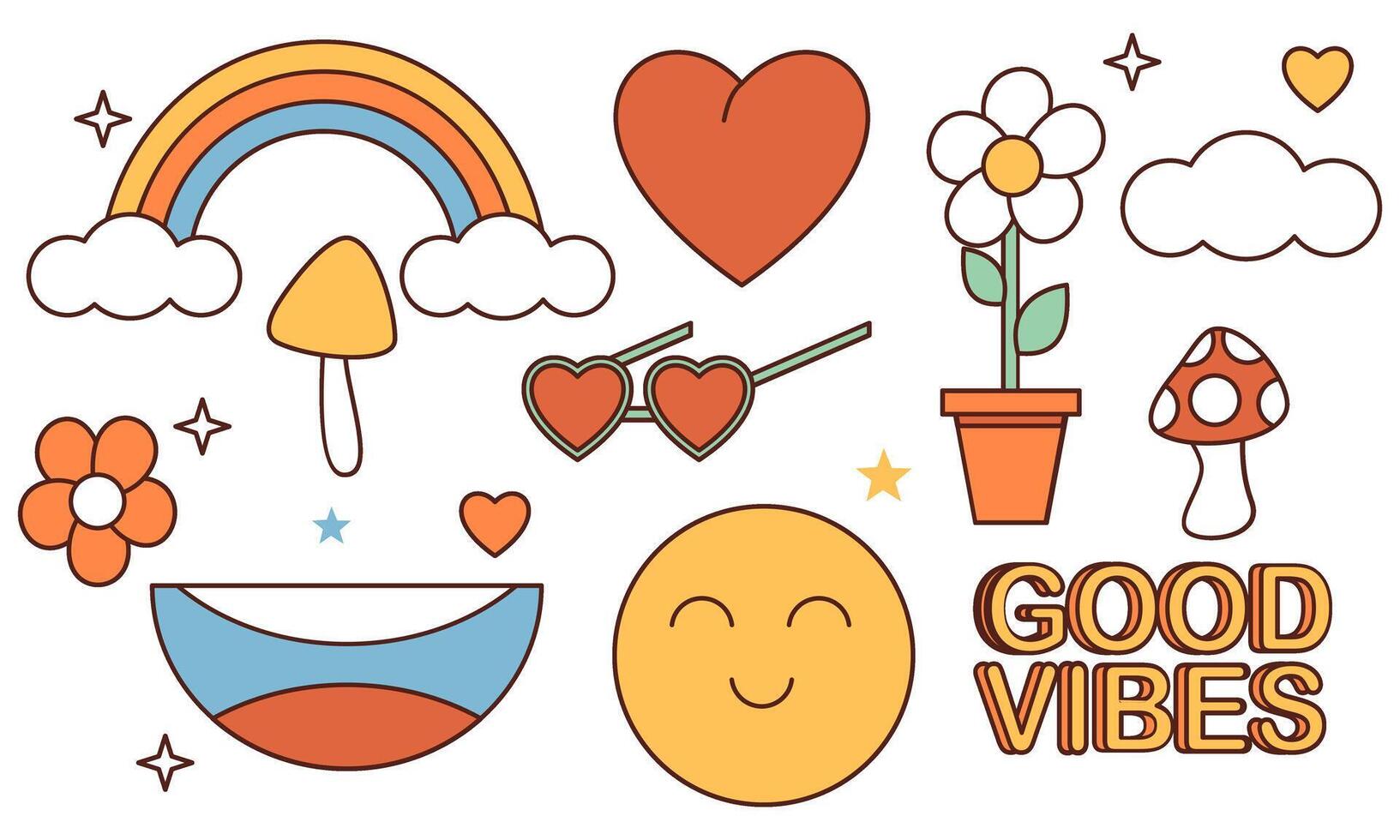 Sticker pack groovy hippie 70s set. Trendy retro psychedelic cartoon style vector