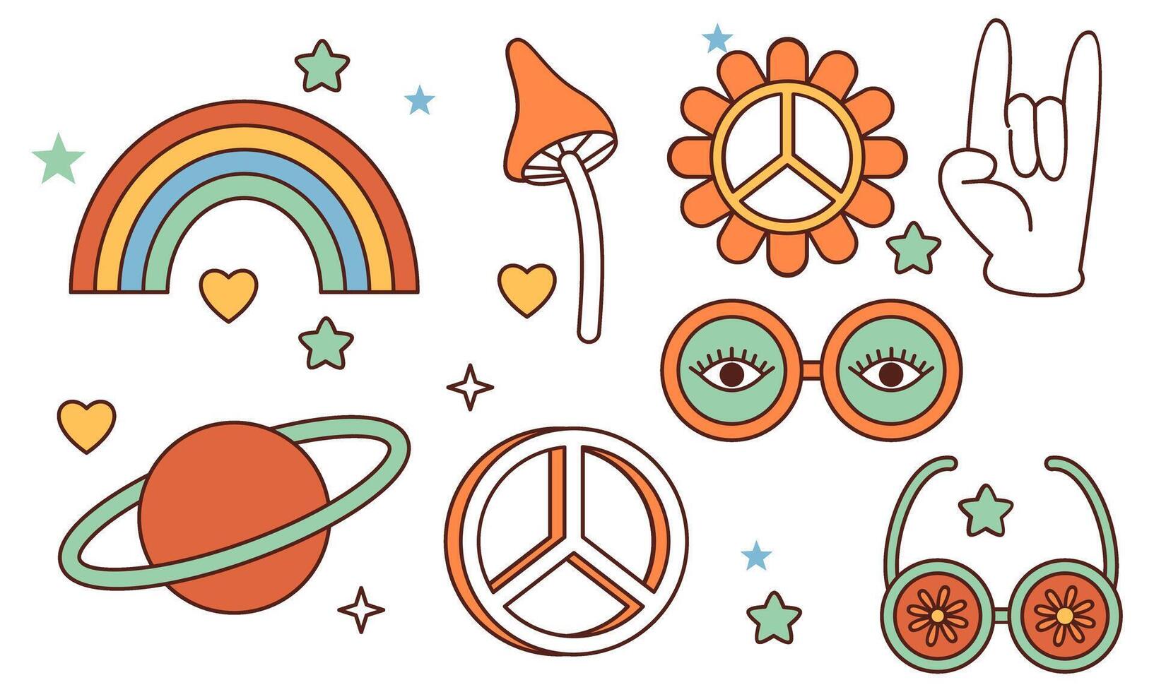 Sticker pack groovy hippie 70s set. Trendy retro psychedelic cartoon style vector