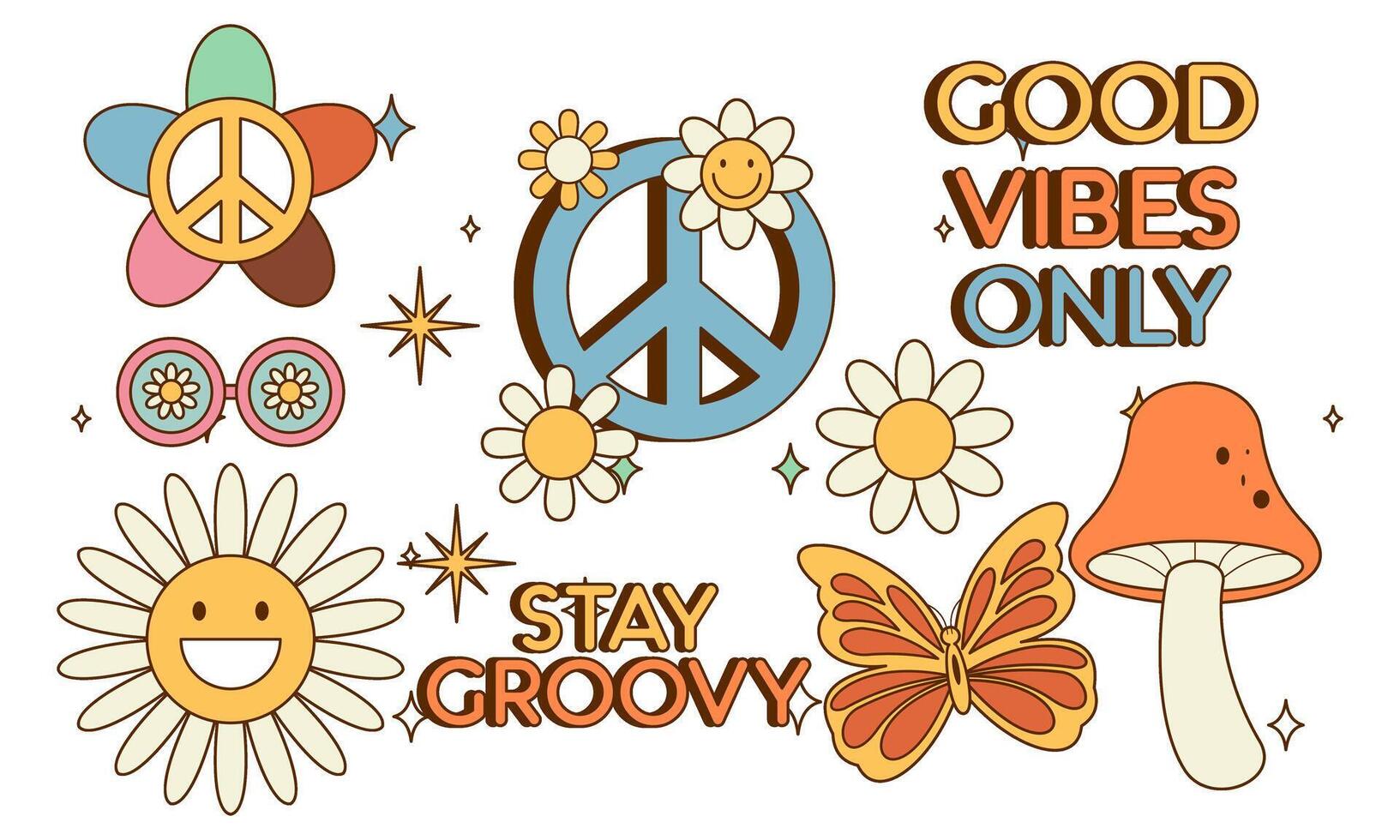 Sticker pack groovy hippie 70s set. Trendy retro psychedelic cartoon style vector