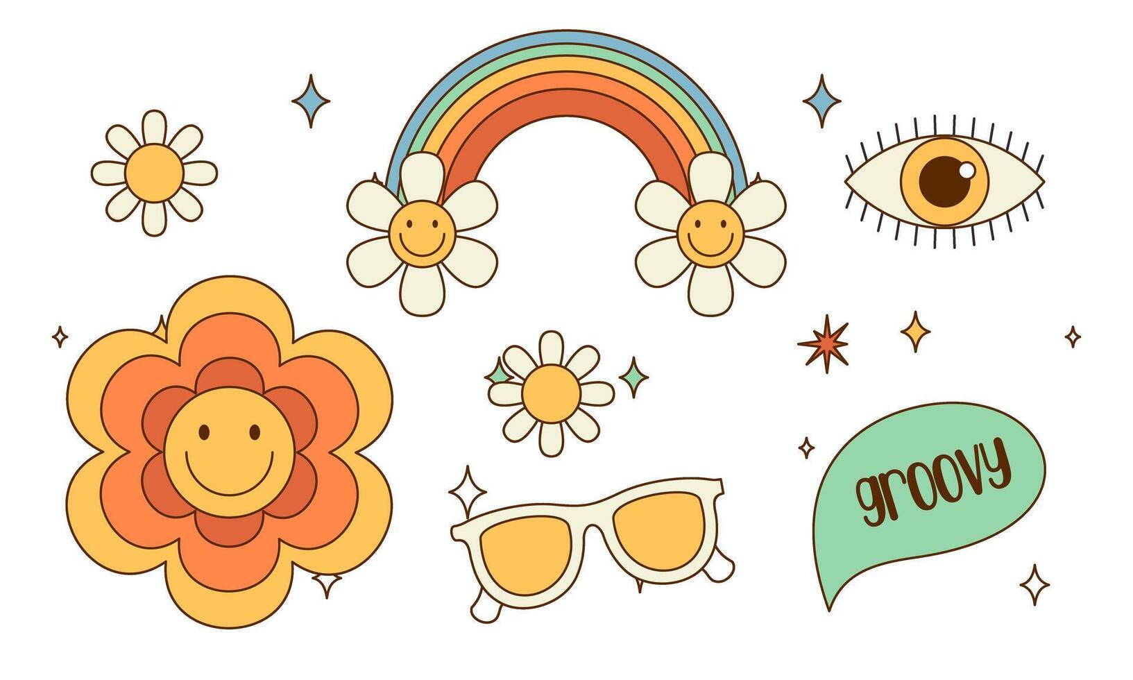 Sticker pack groovy hippie 70s set. Trendy retro psychedelic cartoon style vector
