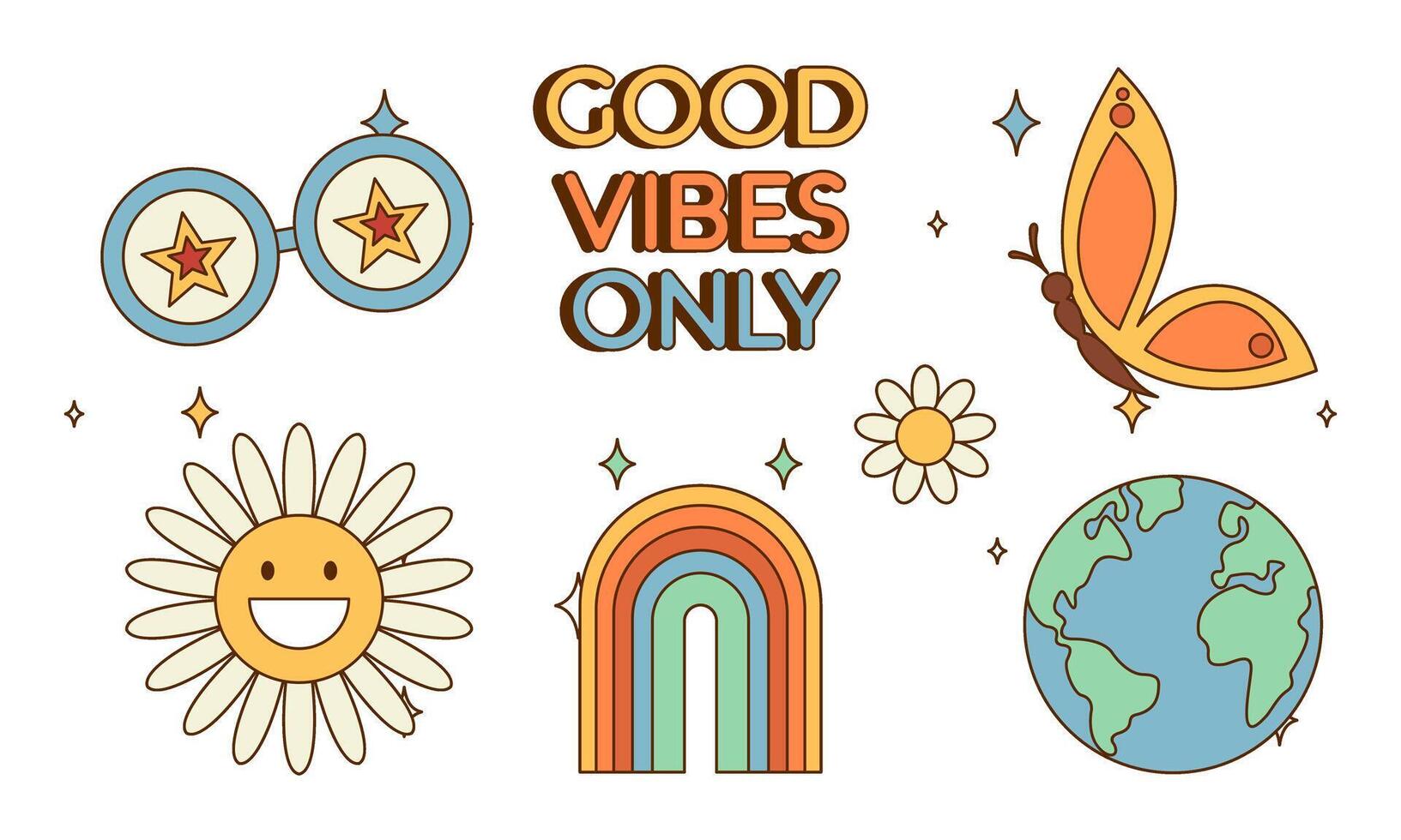 Sticker pack groovy hippie 70s set. Trendy retro psychedelic cartoon style vector