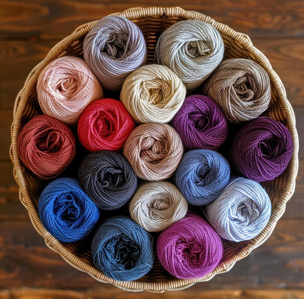 AI generated a basket filled with yarns in various colors photo