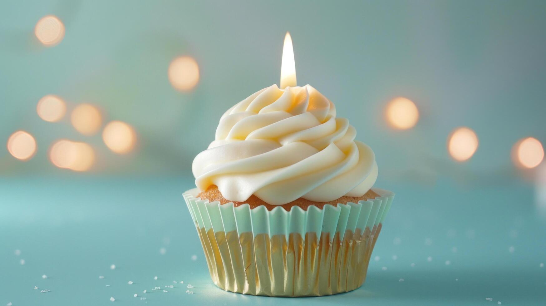 AI generated A top gold candle on a cupcake set against a soft pastel blue backdrop photo