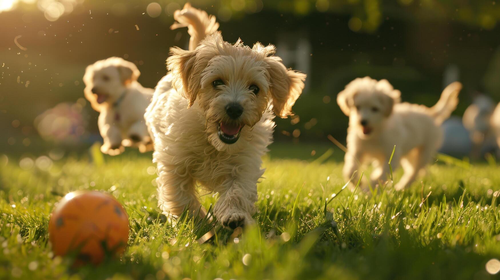 AI generated Puppies romp on lush green grass with ball, tails wagging with excitement photo