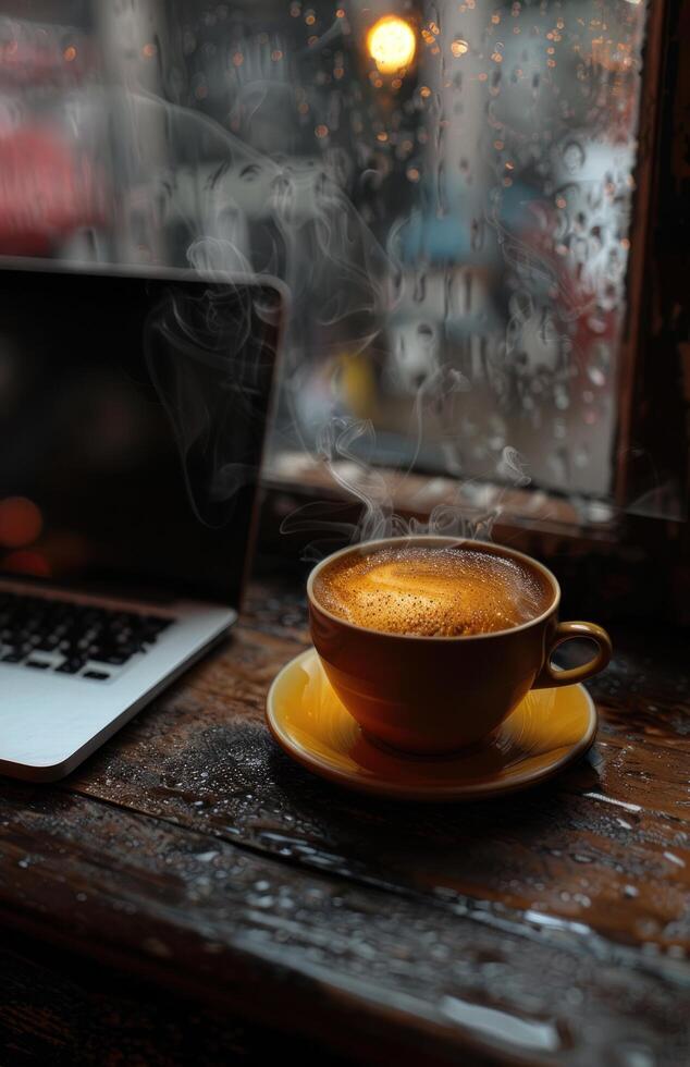 AI generated A cup of coffee sits beside a laptop on a coffee table photo