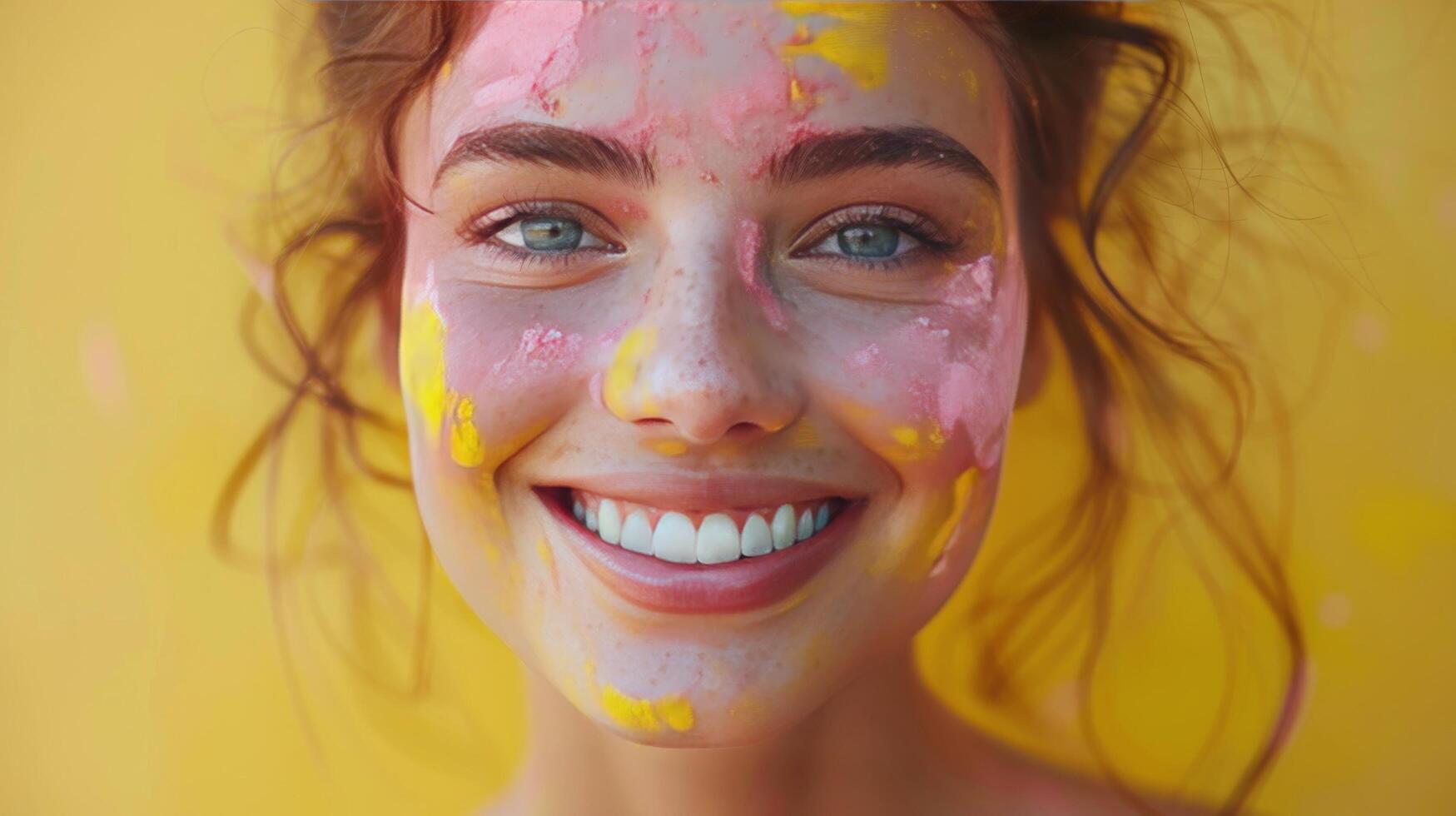 AI generated Woman With Yellow and Pink Paint on Face photo