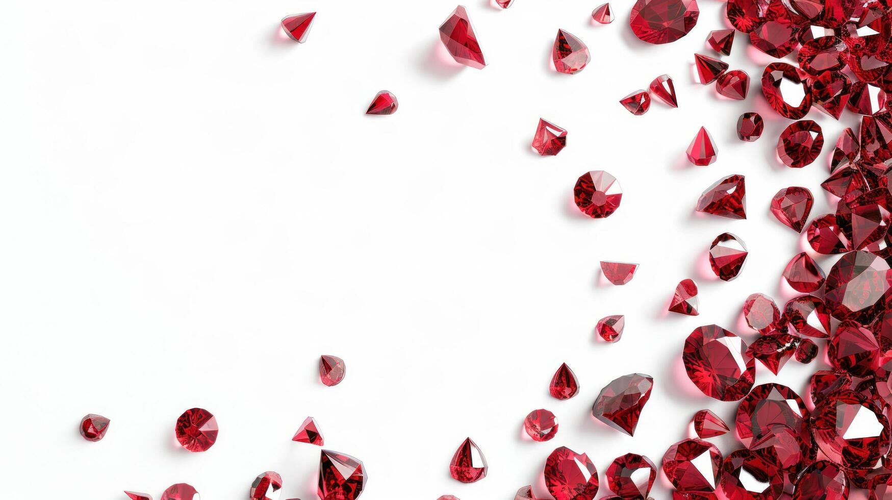 AI generated Ruby gemstones scattered on a white background with empty space in the center photo