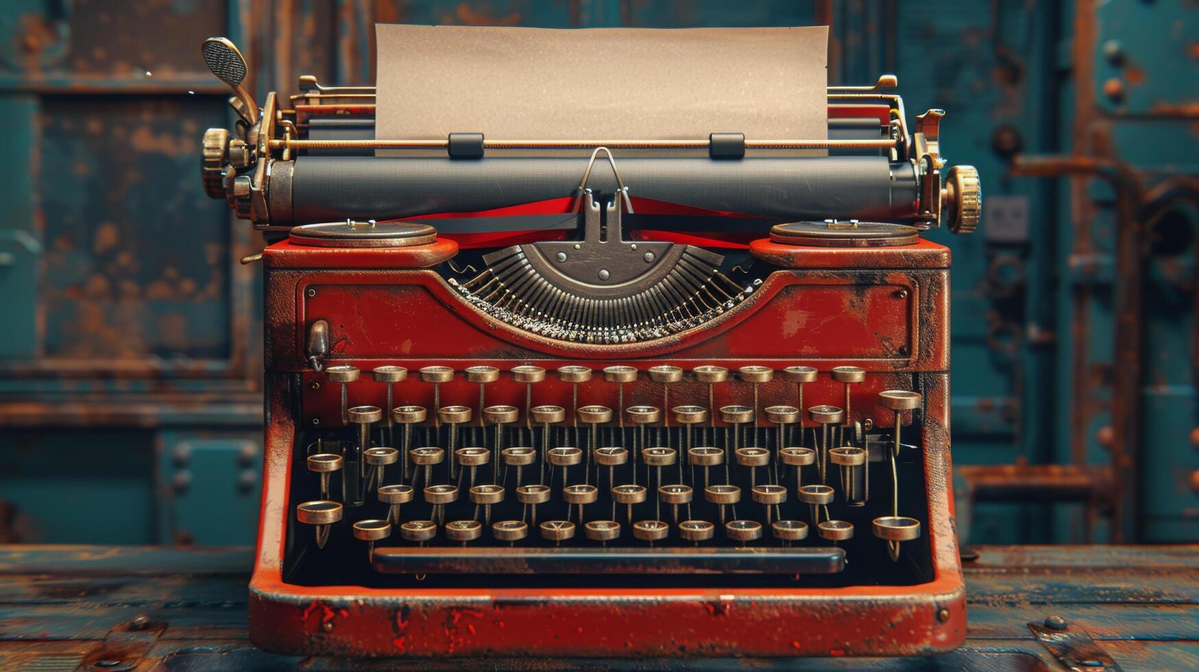 AI generated Vintage Blue Typewriter on Wooden Table photo