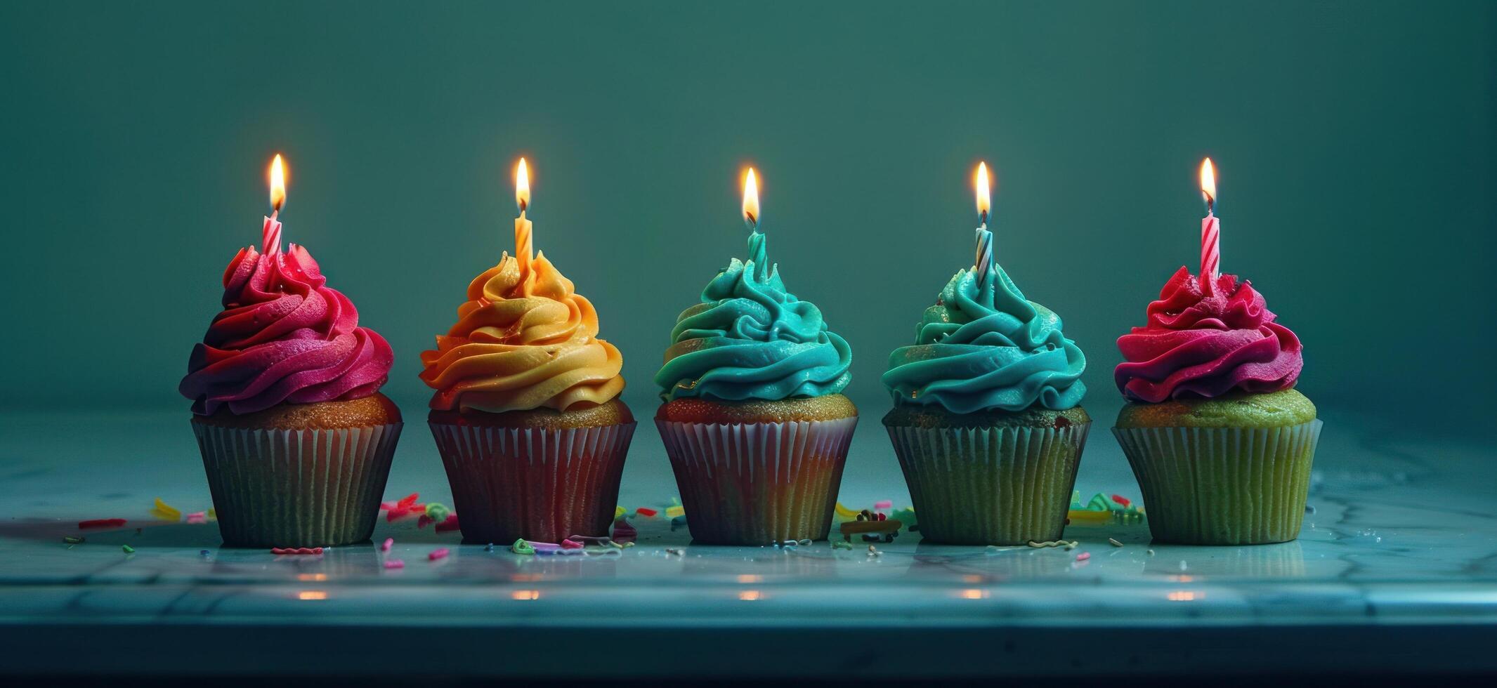 AI generated five cupcakes with candles in center photo