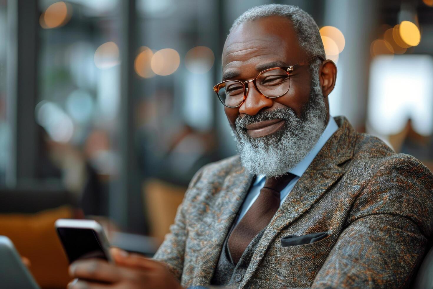 AI generated Smiling Man With Beard and Glasses Holding Cell Phone photo