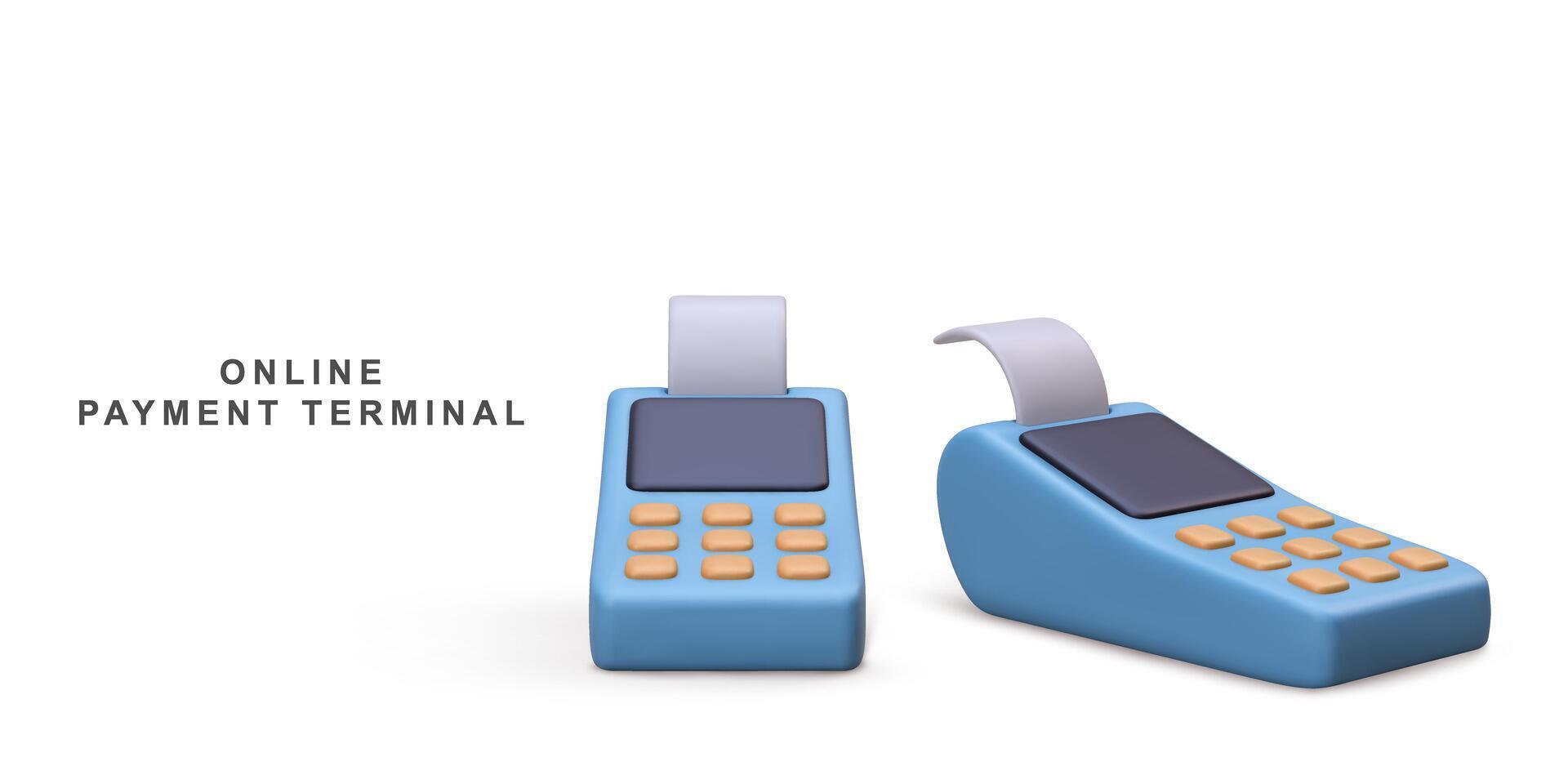 3d dos azul realista pos terminales pago métodos, en línea compras pago por crédito tarjeta. vector ilustración.