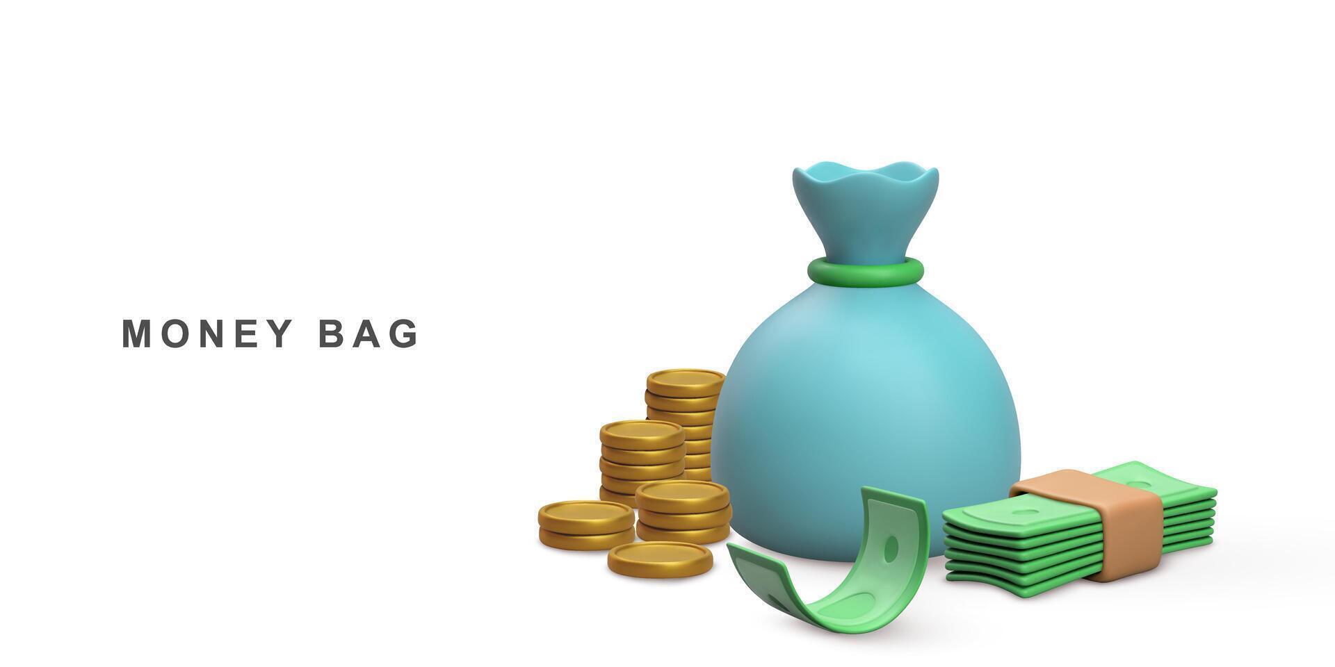 3d concept money bag, coins stack and Bundle of money. Vector illustration.
