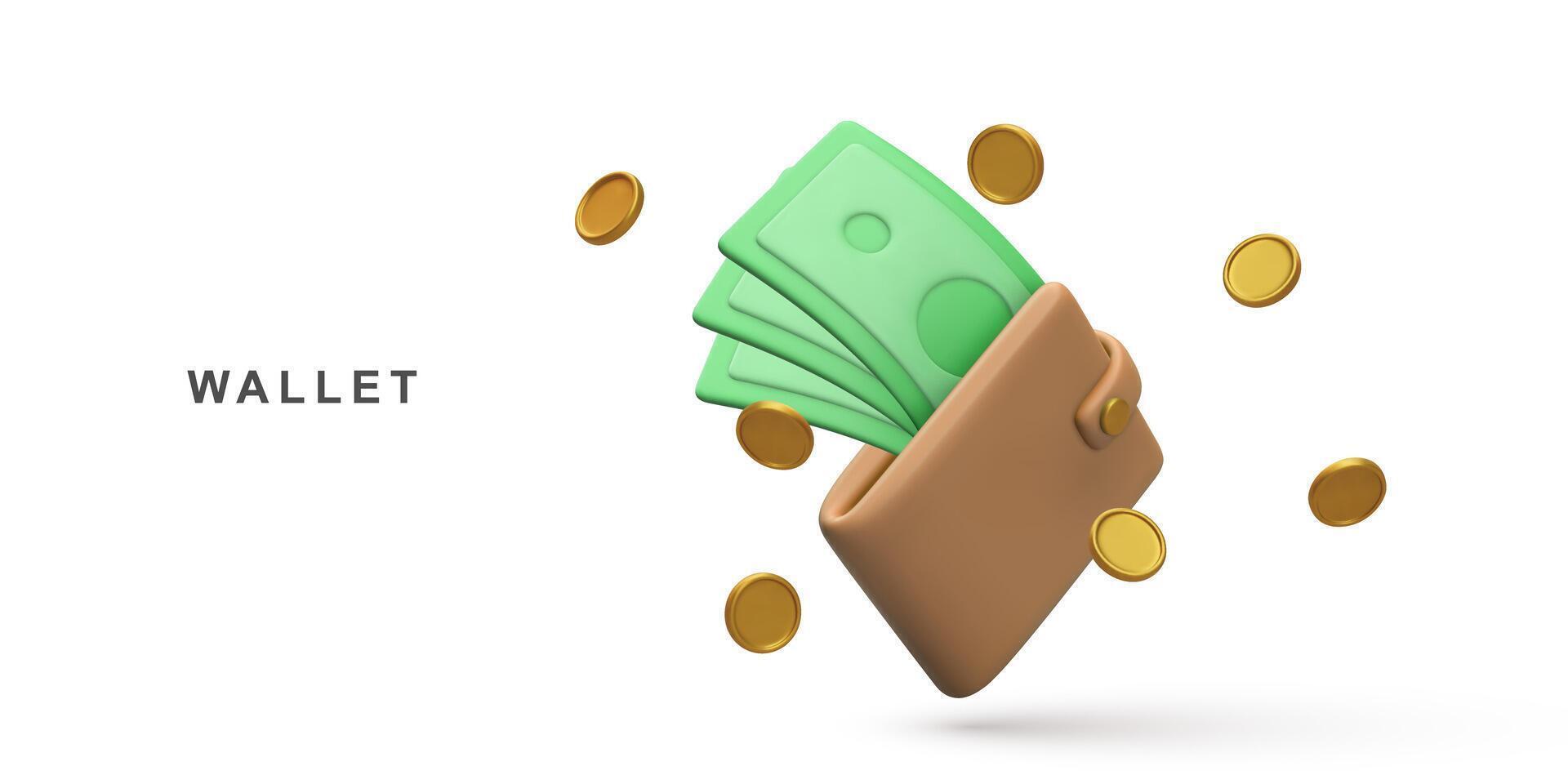 3d Realistic wallet cash and flying coins. Vector illustration.