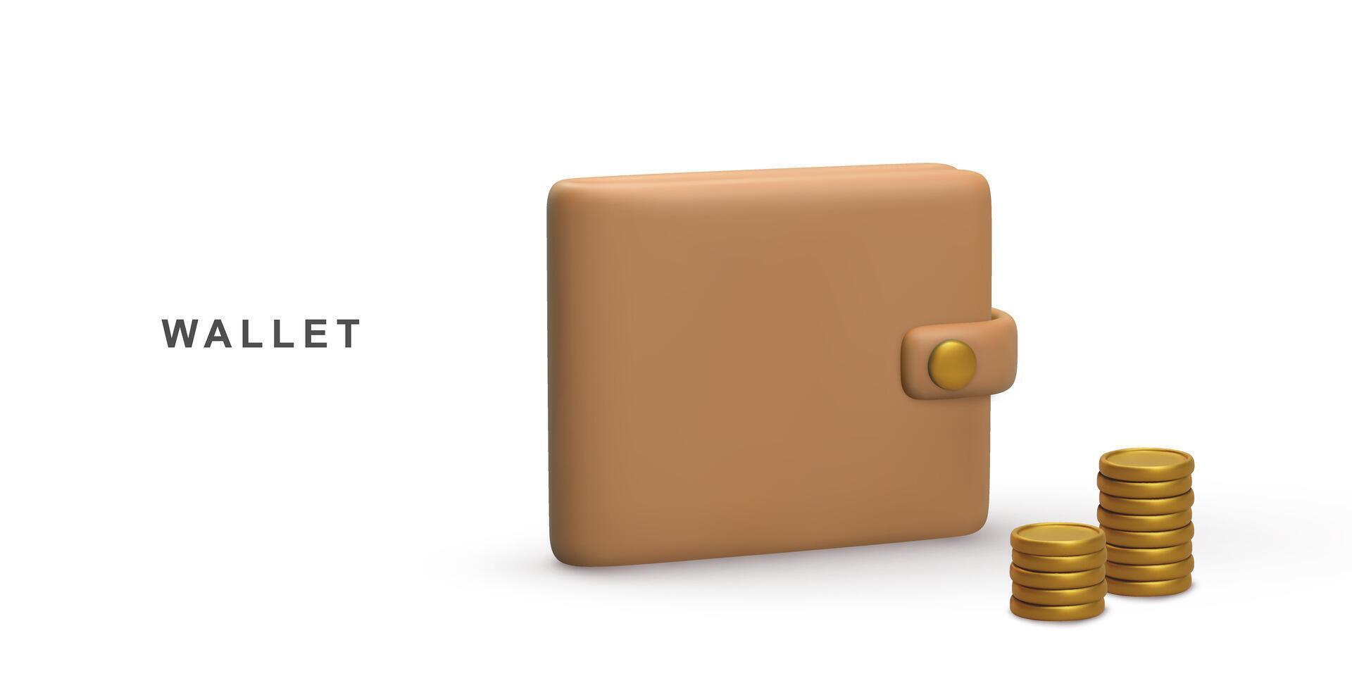 3d realistic Money wallet and gold coins. Vector illustration.