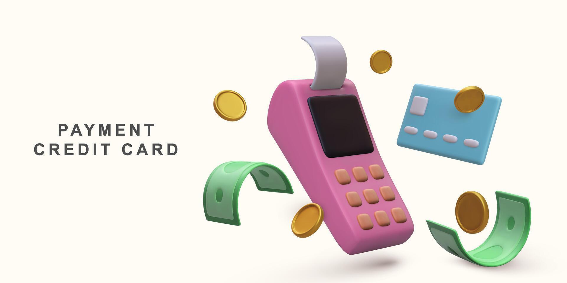 3d realista concepto pago crédito tarjeta. vector ilustración.
