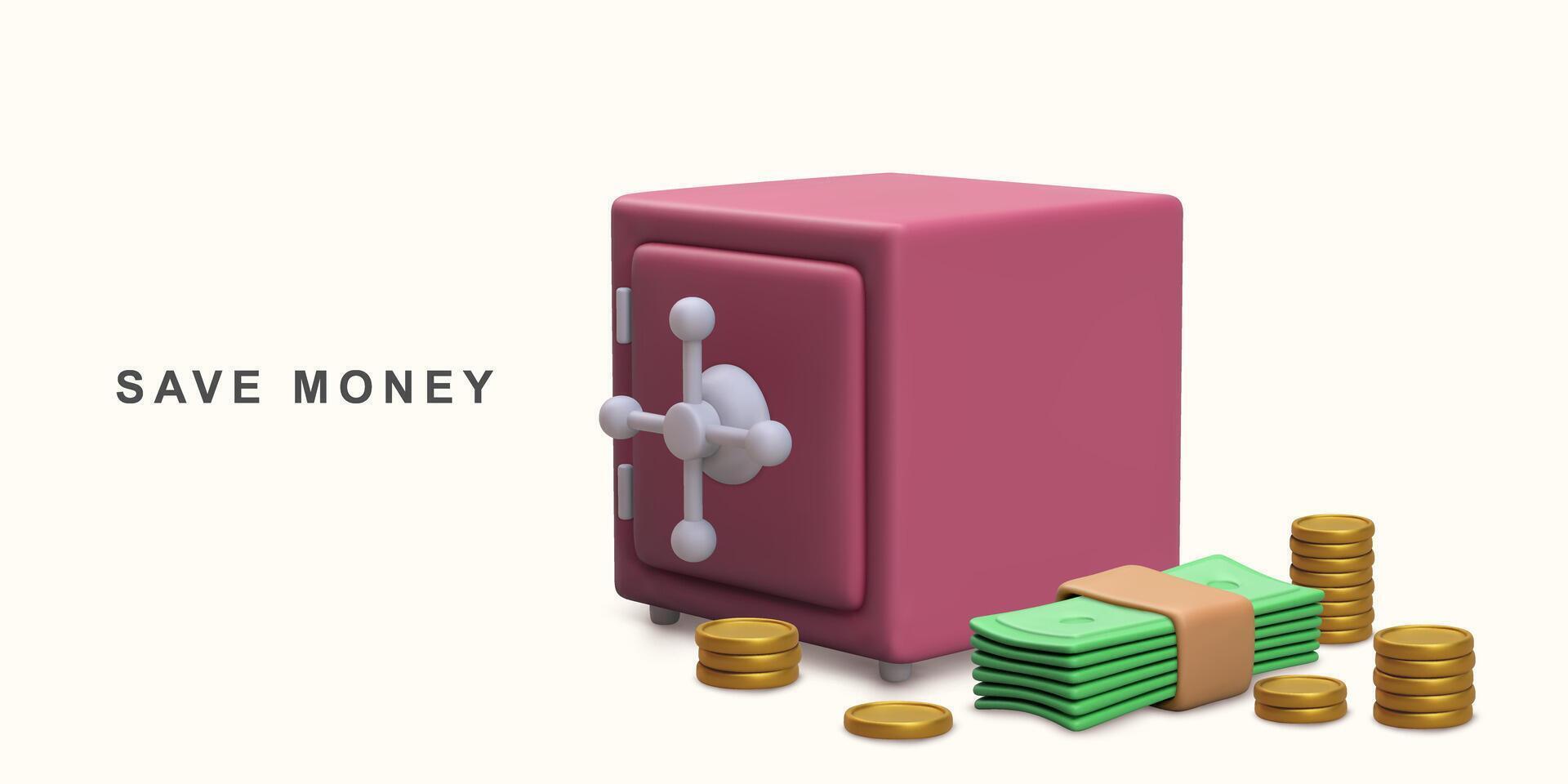 3d realista concepto seguro caja monedas y pilas de dólar dinero en efectivo. vector ilustración.