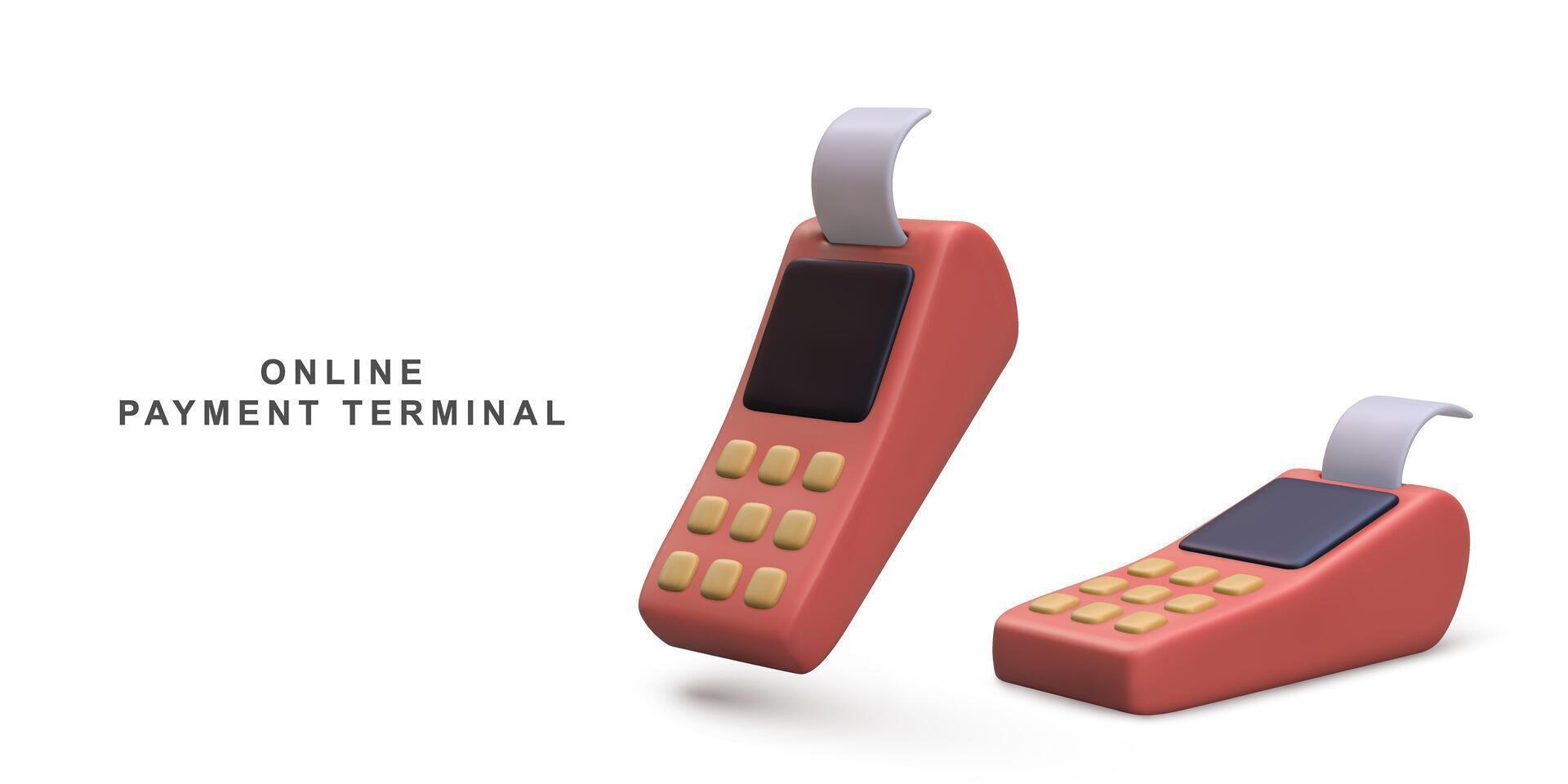 3d Two Realistic Pos terminals payment methods, online shopping payment by credit card. Vector illustration.